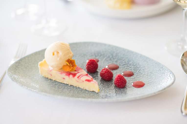 White Chocolate Tart dessert in the Bay View Restaurant, Carlyon Bay Hotel