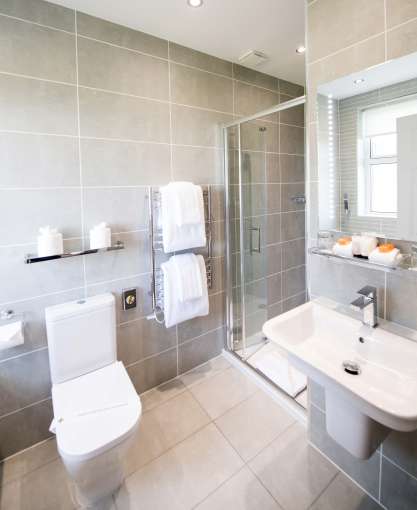 Carlyon Bay Hotel Standard Sea Facing Room (116) Accommodation Bathroom Shower and Sink