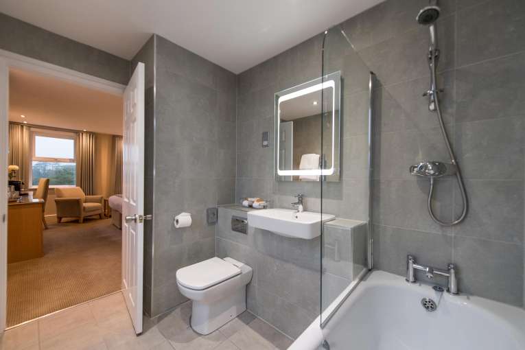 The bathroom of family accommodation at the Carlyon Bay Hotel