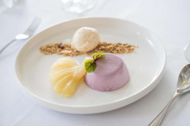 Blackcurrant Panna Cotta with Lavender Ice Cream & Poached Pear Granola in the Bay View Restaurant, Carlyon Bay Hotel