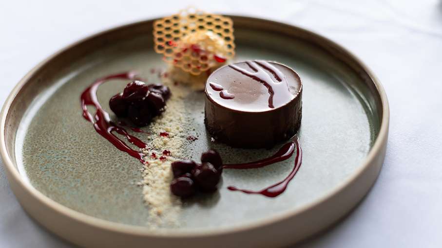 Chocolate Cremeux Cake with Cherries and Hazelnut Ice Cream