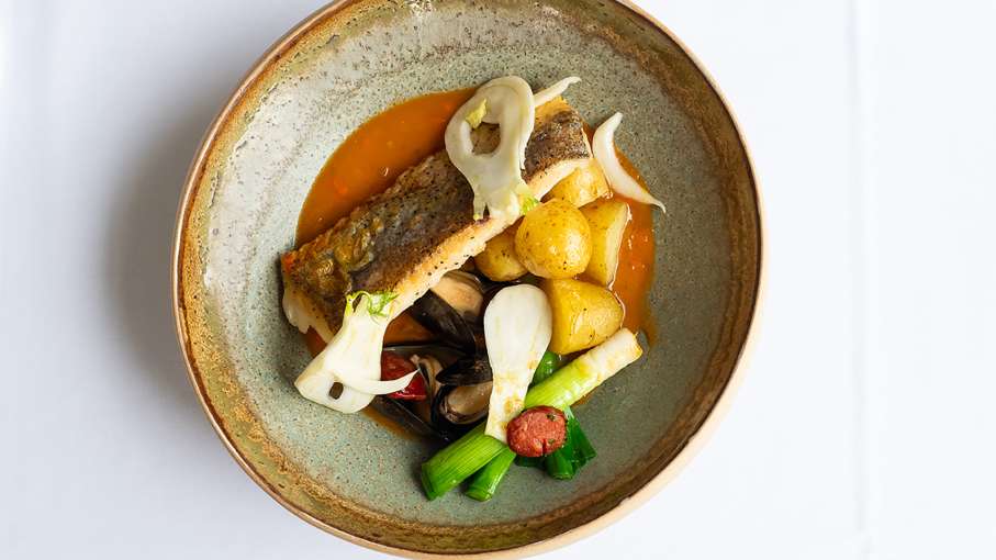 Hake Fillet with Garlic New Potatoes with Chorizo Baby Leek Mussels