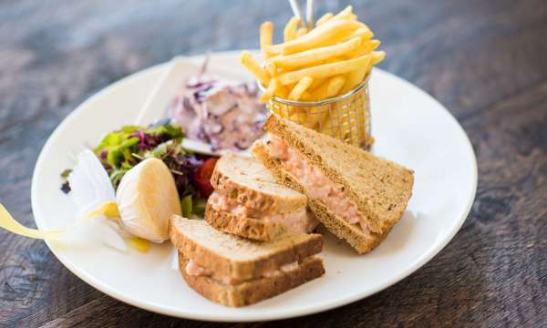 Carlyon Bay Hotel Restaurant Dining Prawn Sandwich with Fries and Salad