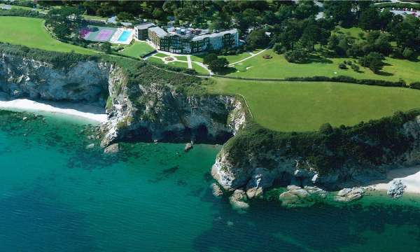 Carlyon Bay Hotel Aerial View with Cliffs and Beach