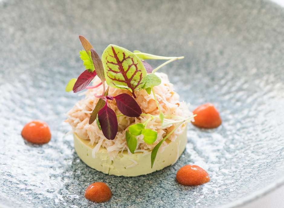 Fresh Cornish Crab with Avocado Panna Cotta in the Bay View Restaurant, Carlyon Bay Hotel