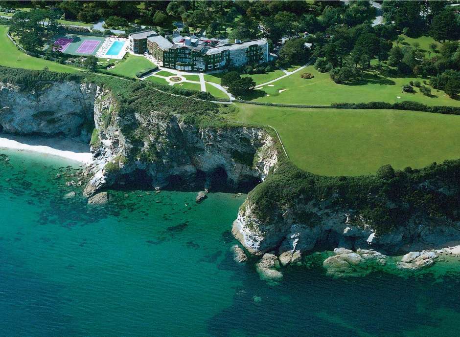 Carlyon Bay Hotel Aerial View with Cliffs and Beach